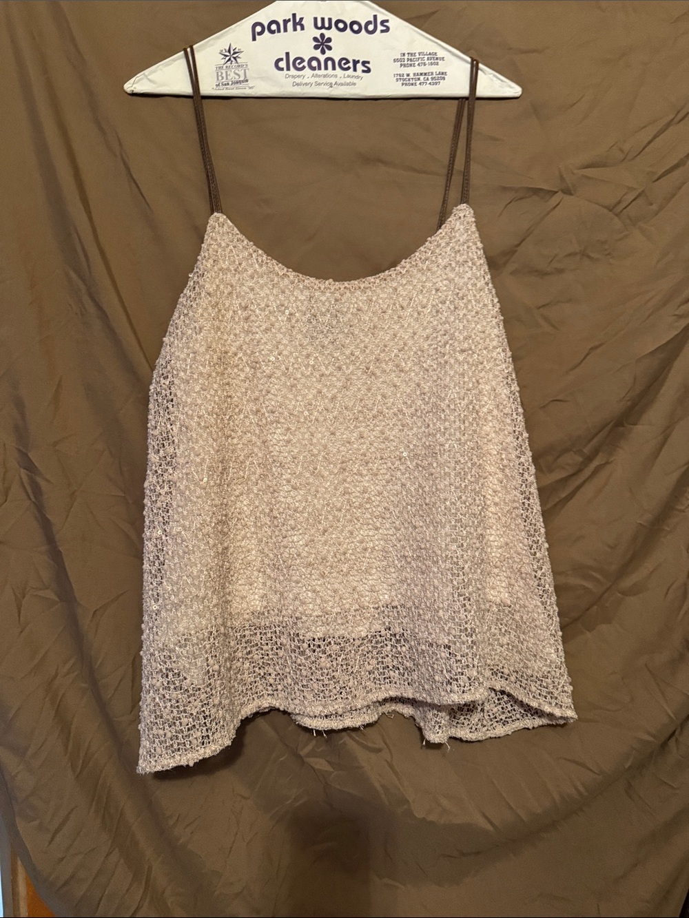 Deletta Beige Knit Sheer Tank Top with Brown Straps